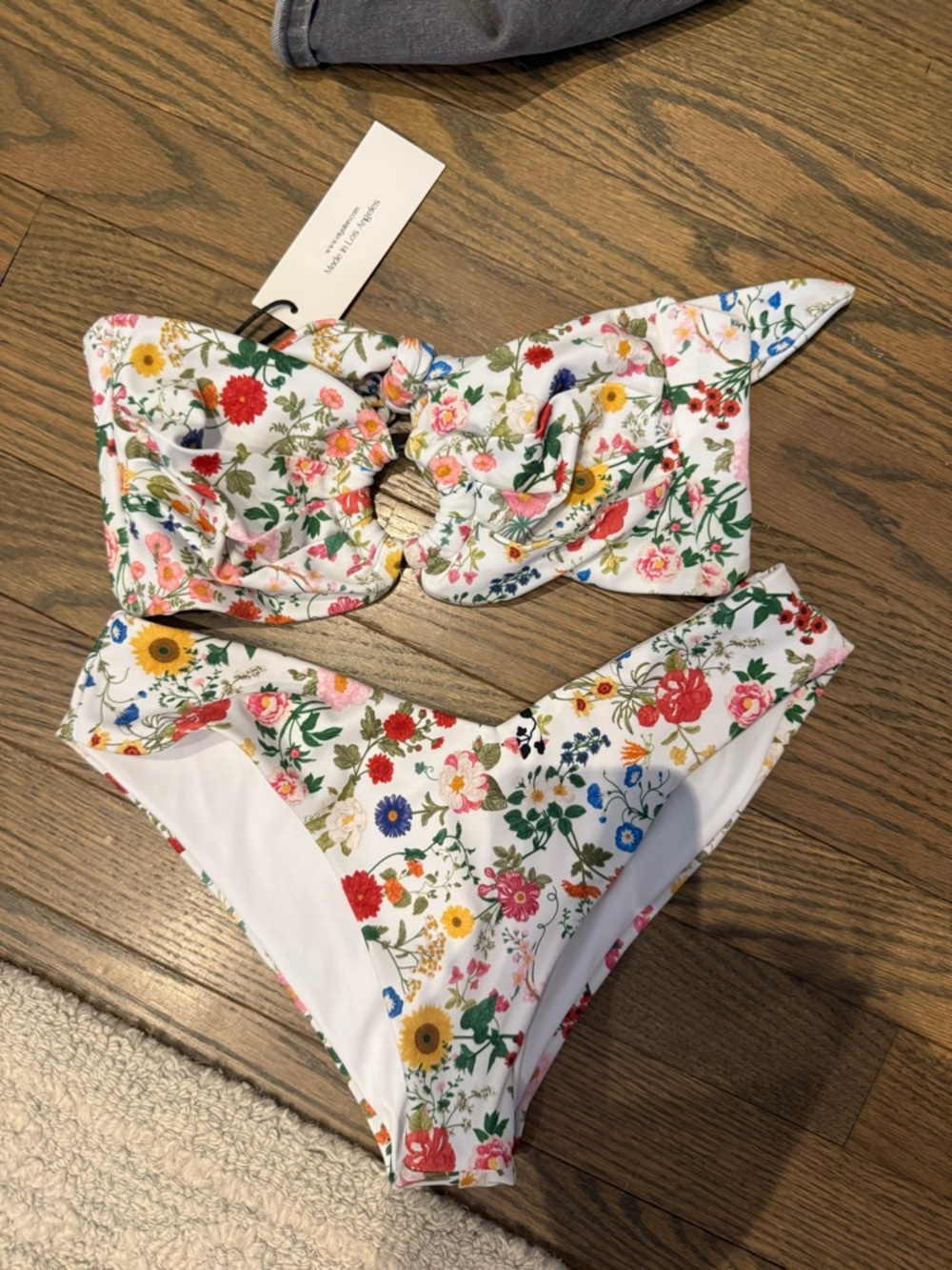 Floral Ring-Front Bandeau Bikini Set - White Multi